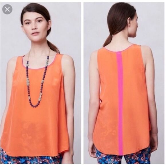 Anthropologie Maeve Women’s 4 Geo Back Swing Tank Top Pink Orange 100% Silk - Picture 1 of 4